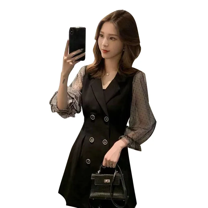 

New women's fall casual suit collar panel long sleeve o-neck button loose elegant plus size dress SS771