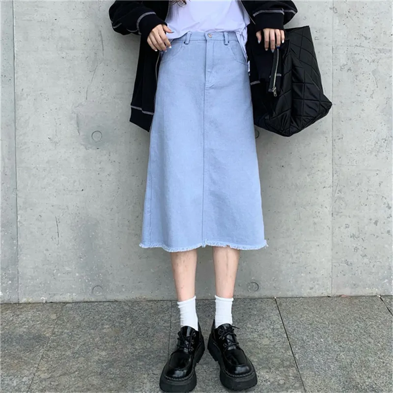 

HziriP 2021 Women Denim Skirt Concise Raw Edges Fashion Split Loose Elegance Casual All-Match Sweet A-line Female Office Lady