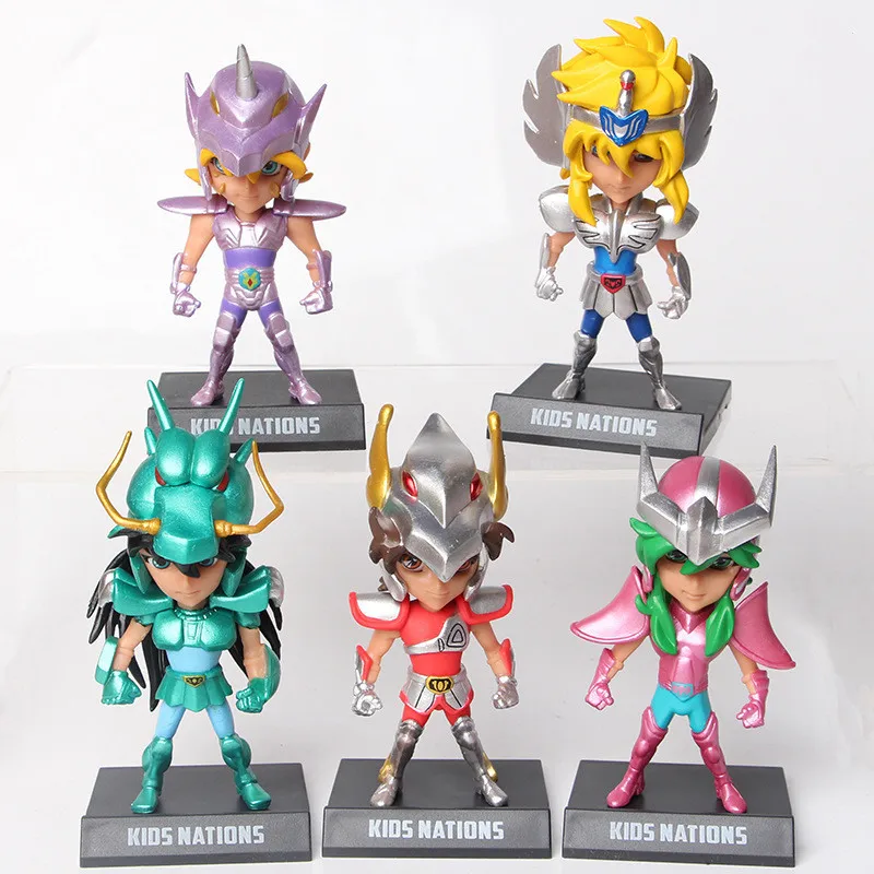 

5PCS Bandai Saint Seiya Action Figure Q Version Pegasus Fairy Scorpio Lion Aries Car Home Decoration Doll Model Toy Gift