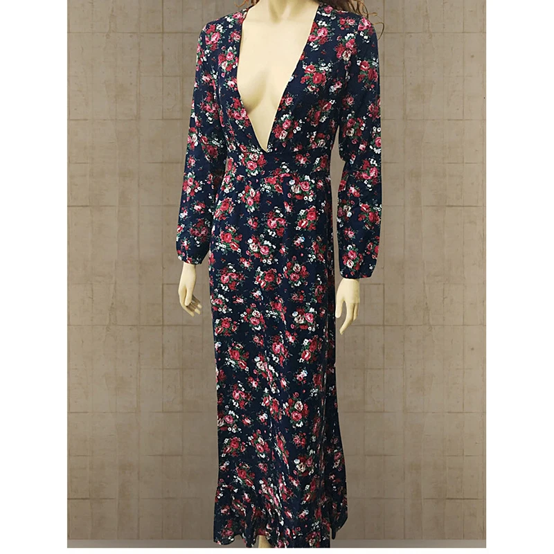 Женское длинное платье с цветочным принтом в богемном стиле хиппе глубоким v