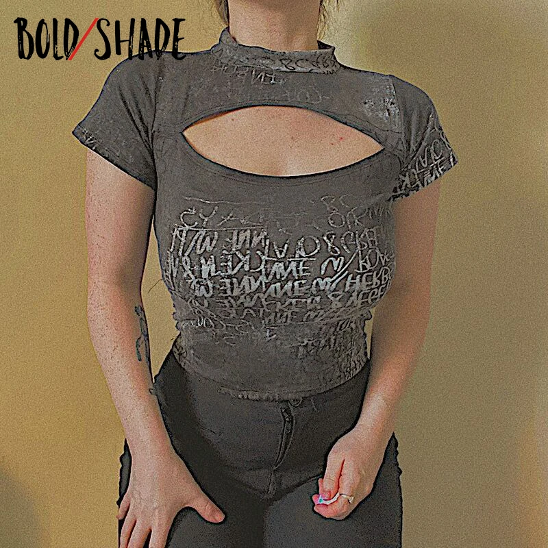 

Bold Shade Y2K Fairy Grunge Goblincore T Shirt Letter Print Hollow Out Short Sleeve Tee Shirts Vintage Indie Aesthetic Women Top