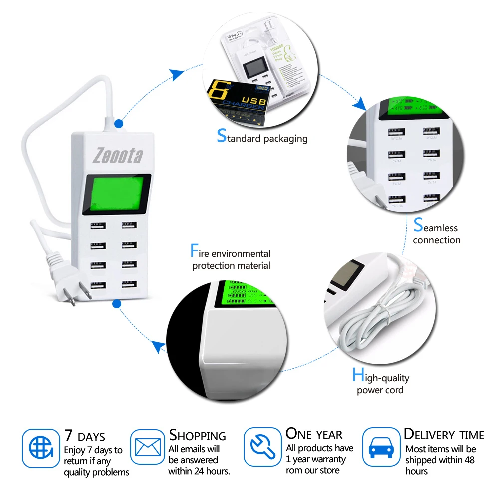 Зарядное устройство для нескольких мобильных телефонов, настенный usb-адаптер для зарядки 9.2A US/EU/UK/AU Plug, ЖК-дисплей, Рабочий стол для Xiaomi huawei IPhone