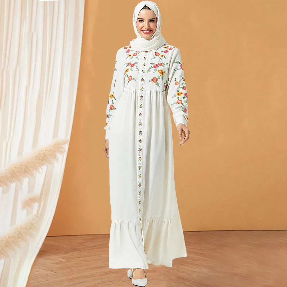 Женское мусульманское платье без хиджаба Abaya белое вечернее с вышивкой в