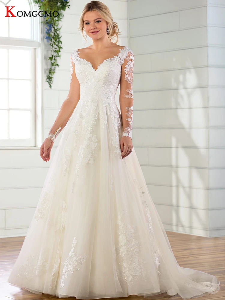 

Женское свадебное платье с вышивкой, элегантное фатиновое платье с длинным рукавом и открытой спиной, со шлейфом и вышивкой сердечком, на за...