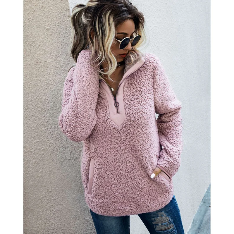 2 Pcs Teddy Fleece Pullover Half Zipper Sherpa Tops Female Warm Coat Sweaters L Size Pink &amp M Camel | Женская одежда