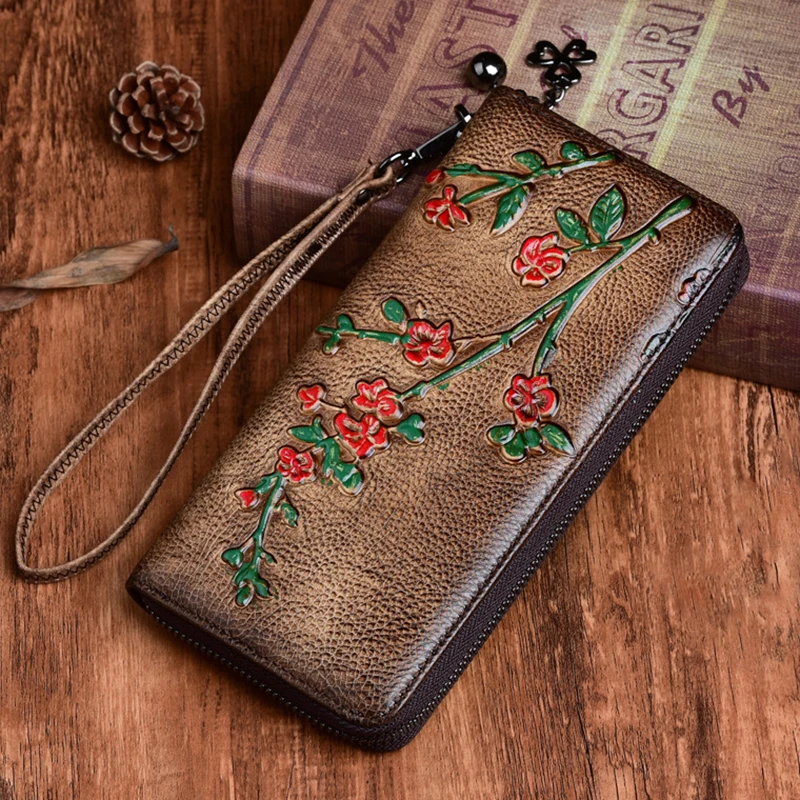 2019 новый женский длинный кошелек из натуральной кожи с Цветочным Тиснением