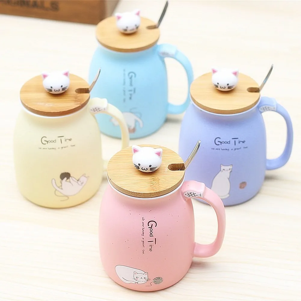 

450ml Cartoon Ceramics Cat Mug with Lid and Spoon Coffee Milk Tea Mugs Breakfast Cup Drinkware Novelty Gifts Mug