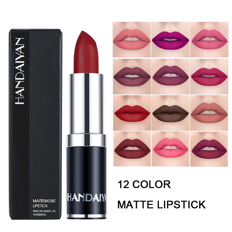 

HANDAIYAN 12 Colors Matte Lipstick Tubes Waterproof Long Lasting Sexy Purple Lipstick Pigments Makeup Never Fade Away