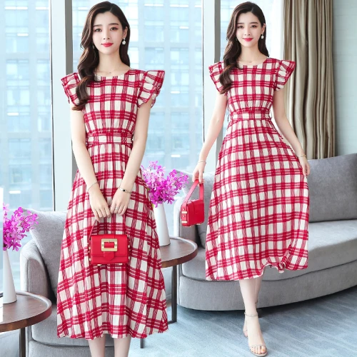 Женское клетчатое платье средней длины красное элегантное винтажное в Корейском
