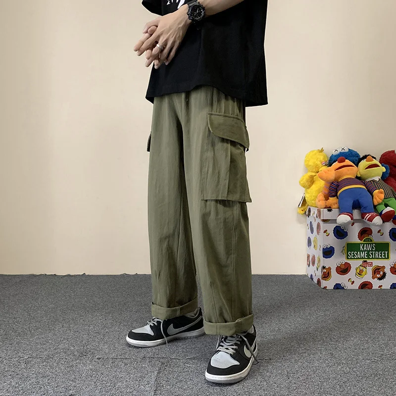 

Summer Wide-leg Pants Men's Fashion Black Army Green White Casual Pants Men Streetwear Loose Hip-hop Pocket Cargo Pants Mens