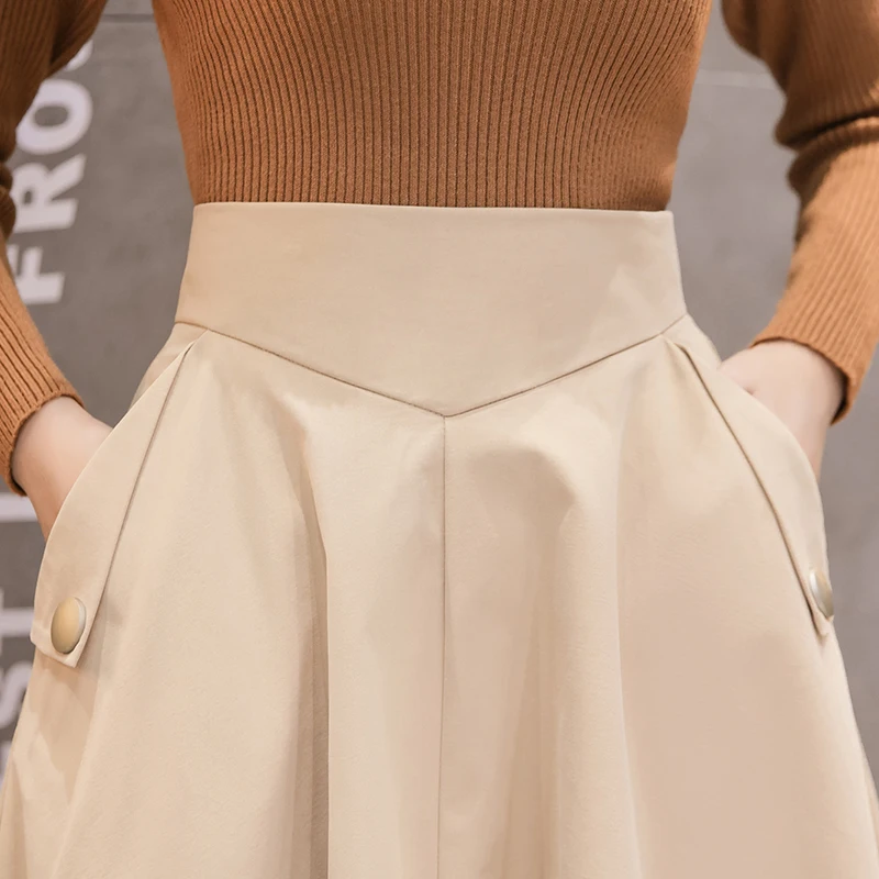 

2021 New Elegant High Waist Midi Skirt Women Spring Autumn Ball Gown Long Skirts Vintage Dark Blue Ladies Unbrella Skirt
