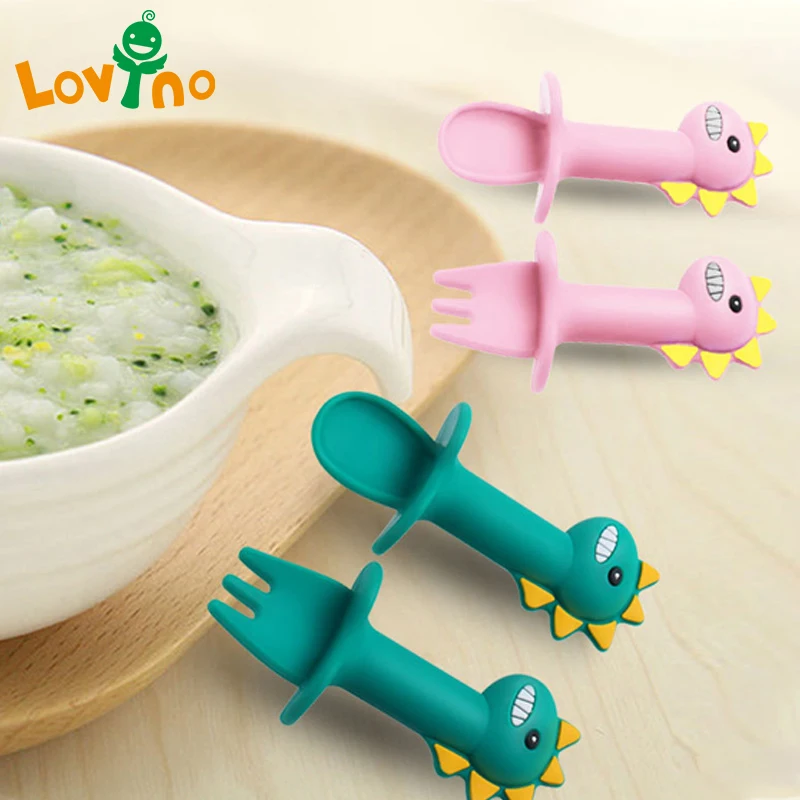 

Ложка-прорезыватель для зубов, из мягкого силикона, с короткой ручкой, набор ложка и вилка, ложка с динозавром