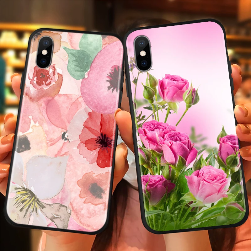Black Cover Beauty Floral Rose for Apple iPhone 12 Mini 11 XS Pro Max X XR 8 7 6 6S Plus SE 2020 5 5S Phone Case