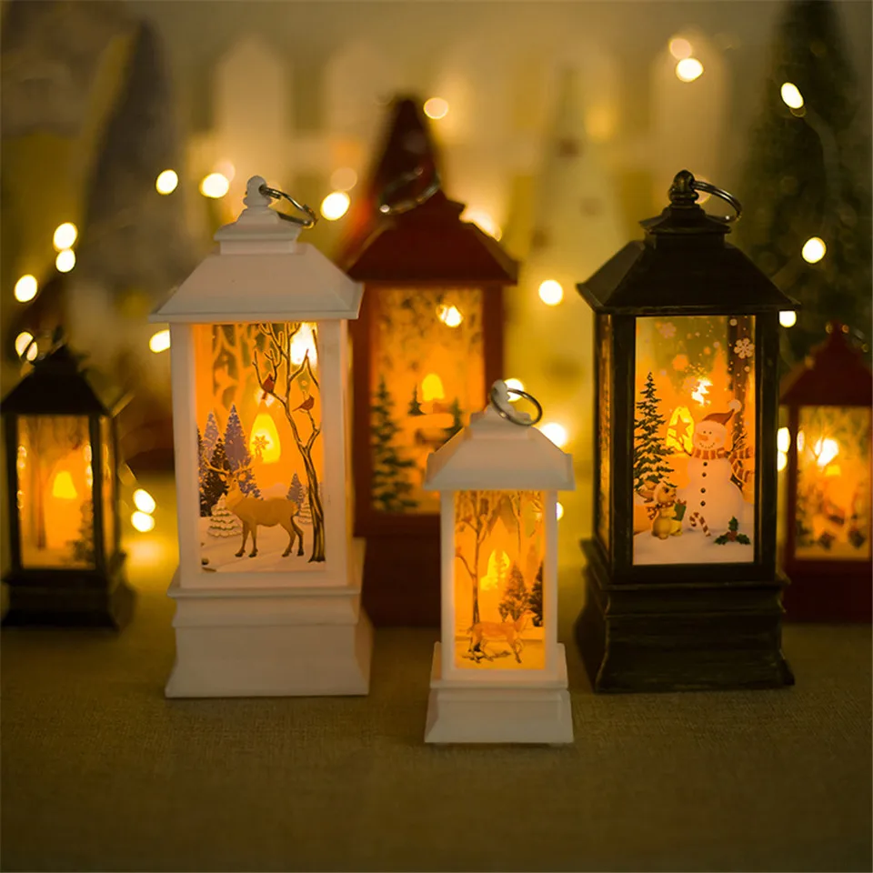 Christmas Vintage LED Lantern Santa Claus Snowman Castle Light Lamp Xmas Decoration Party Hanging Props Decor