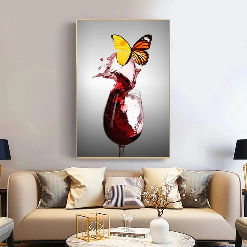 Abstract Art Beautiful Butterfly on Red Wine Glass Canvas Painting Poster and Print Wall Pictures for Living Room Home Decor | Дом и сад