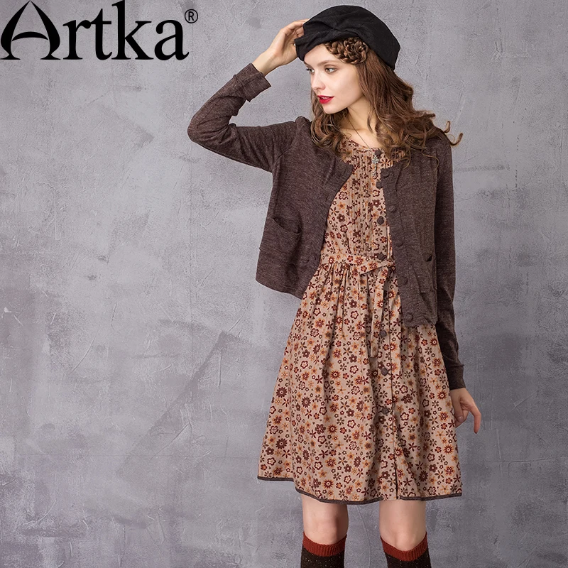 ARTKA Women's Autumn New Floral Printed Twin-set Dress Fashion O-Neck Long Sleeve Empire Waist  A-Line Dress LA10437Q