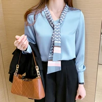 satin fashion womens blouse solid tops for women v neck clothing with silk scarf blue slimming female 2022 spring basic blouse
