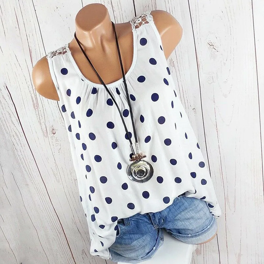 2019 летние женские модные повседневные кружевные топы в горошек без рукавов с