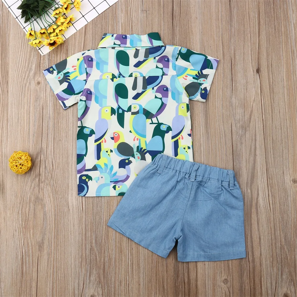 Pudcoco/Летняя одежда для маленьких мальчиков; платье с короткими рукавами и принтом птицы; рубашка; топы+ джинсовые шорты; комплект одежды с короткими штанами