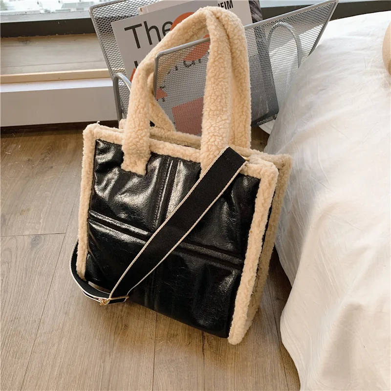 

Fashion Lambswool Pu Patchwork Large Totes Designer Women Handbags Luxury Leather Shoulder Bag Big Capacity Buckets Purse Winter