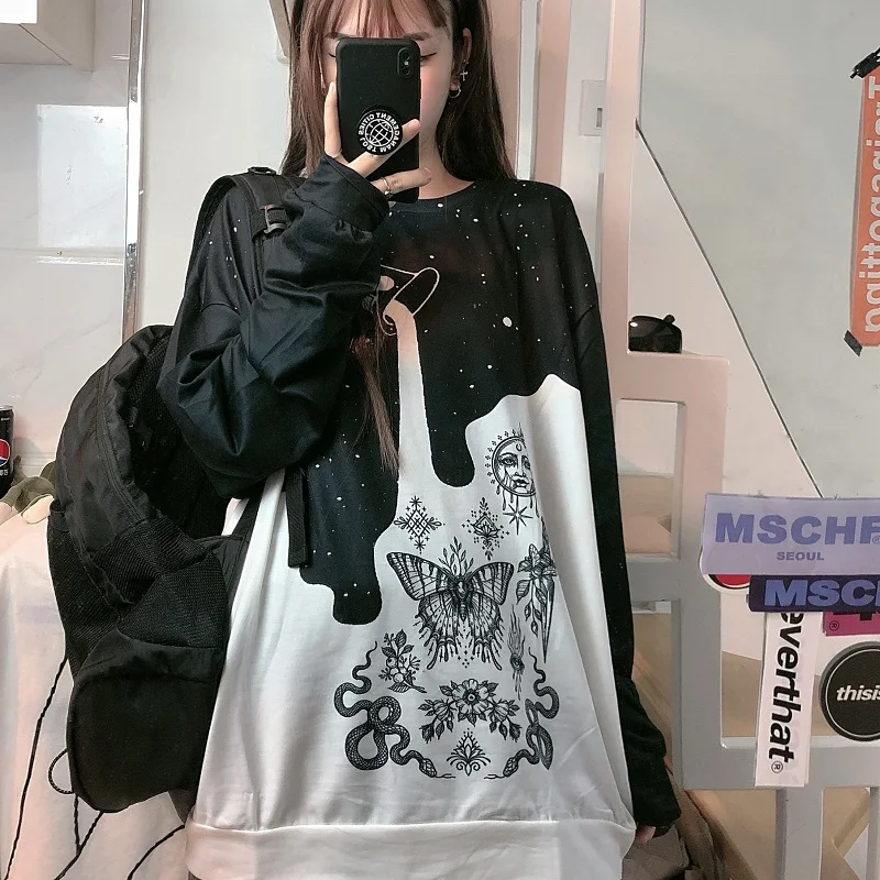 

New Autumn Gothic Women Sweatshirt Cool Dark Print Thin Pullover Female Loose Long-sleeved Top Mujer