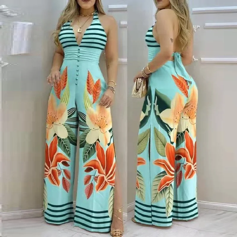 

Floral Striped Print Jumpsuits Sexy Buttons V Neck One Piece Rompers Women Halter Summer Wide Leg Jumpsuit Lady Streetwear Tunic