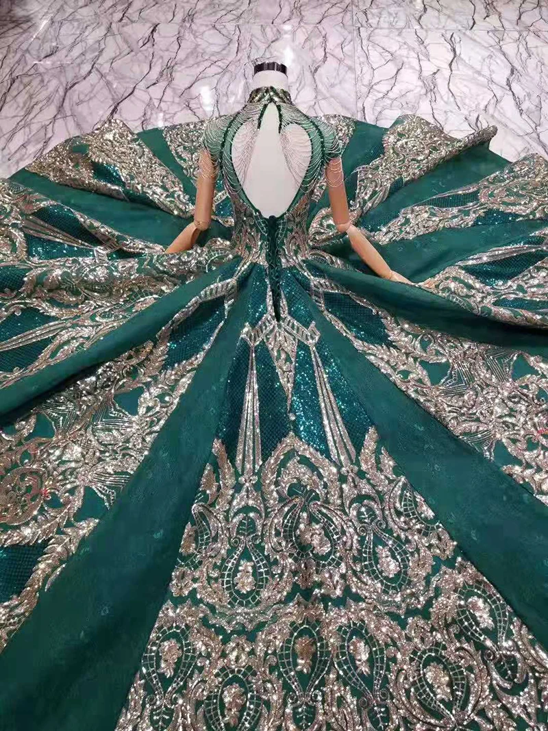 

BGW Luxury Green Evening Dresses Ladies High Neck Cap Sleeves Crystal Party Dress With Golden Lace Dubai Style Real Photos