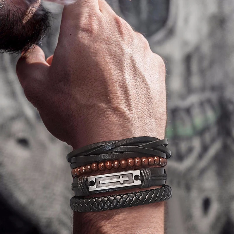 

4PCS/SET MEN MULTILAYER BRAIDED BRACELET BOHEMIAN STYLE WRAP BANGLE