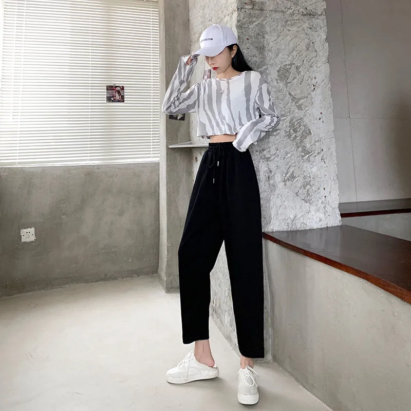 

Casual Style Pants Women 2021 Spring Summer New Elastic Waist Solid Basic Drawstring Retro Loose Women's Straight Pants Trousers