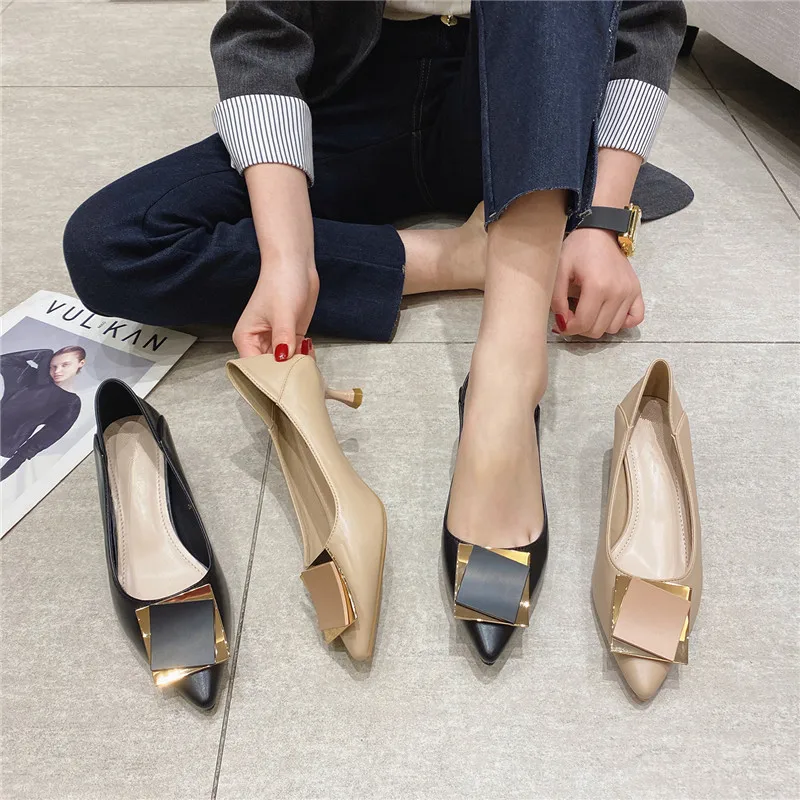 

Metal Decoration OL Office Lady Thin High Heels Women Shoes 4CM Pointed Toe Fashion Basic Pumps Femmes Chaussures