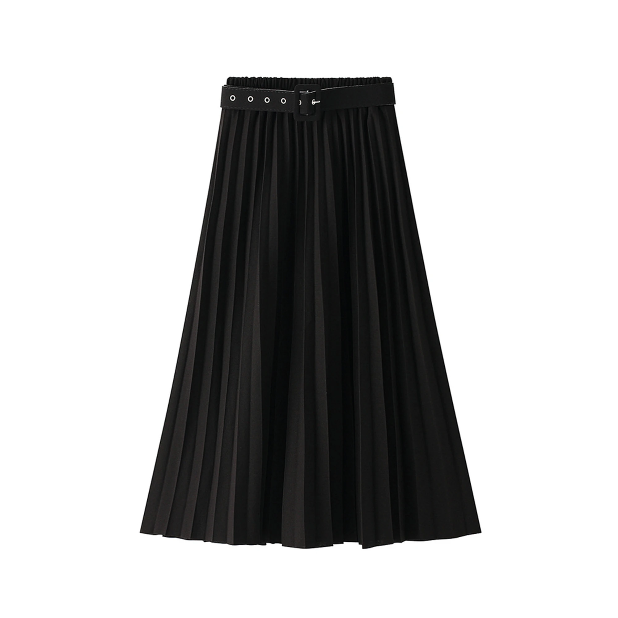 

Elegant Women Pleated Skirt, Solid Color High Waist Elastic Head Skirt with Belt for Autumn and Winter