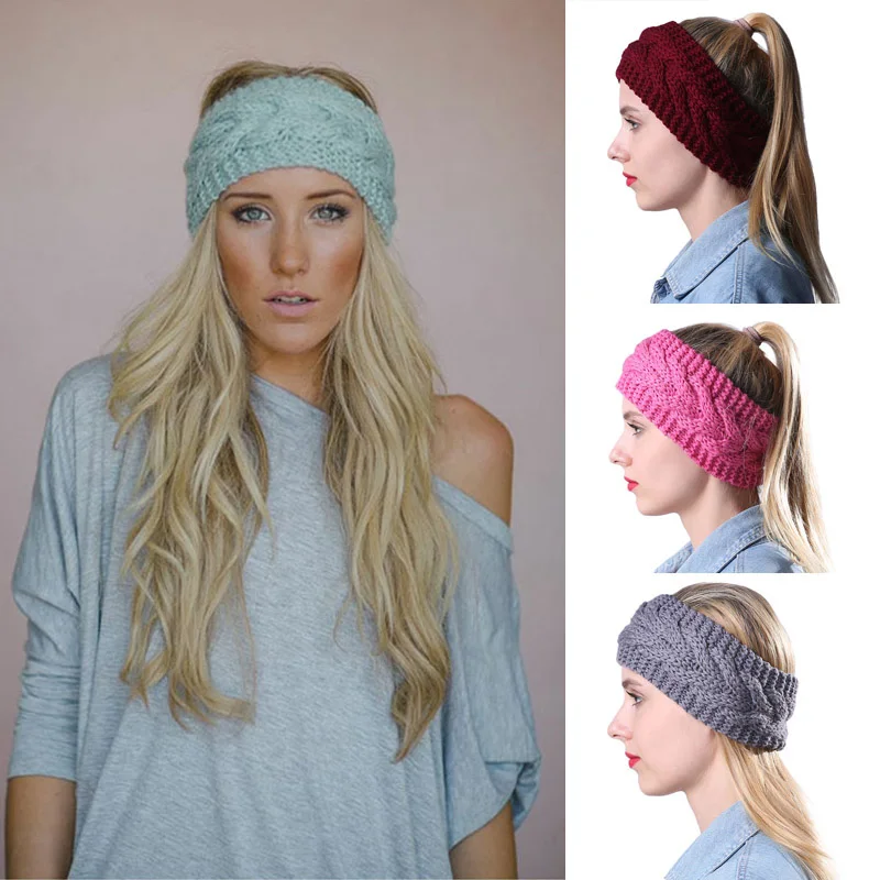 Зимняя однотонная широкая вязаная повязка на голову для женщин теплые уши