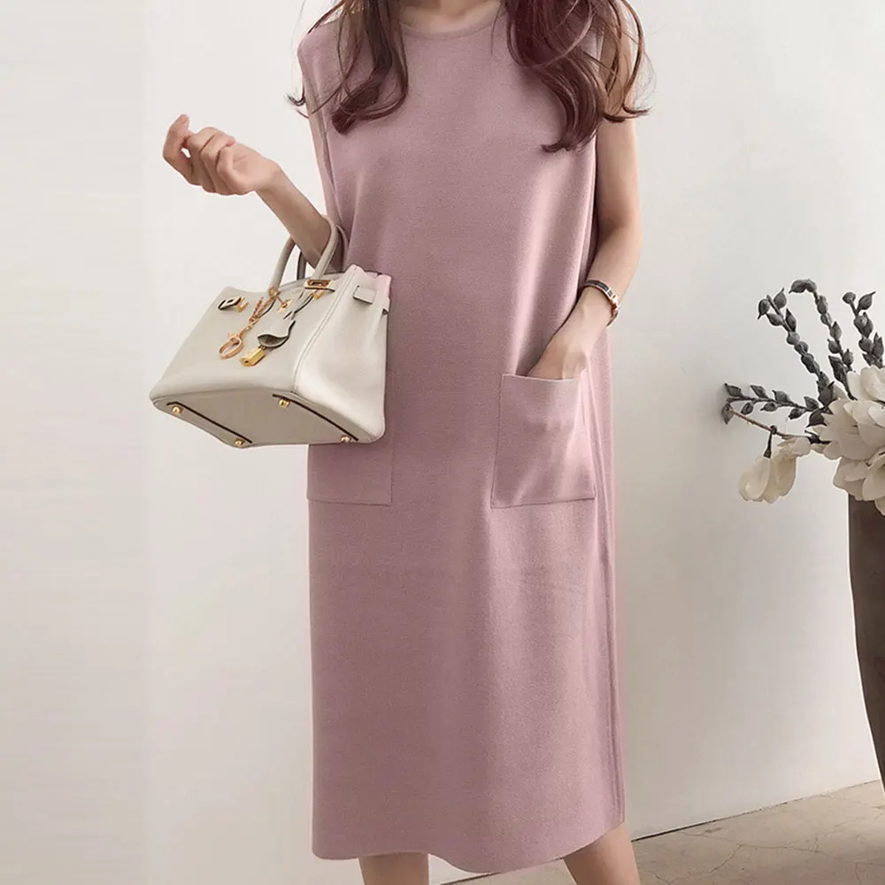 Женское винтажное платье миди с карманами элегантное простое длинное однотонное
