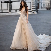 eightree vintage a line wedding dresses appliques spaghetti straps bridal dress glitter tulle backless wedding gown