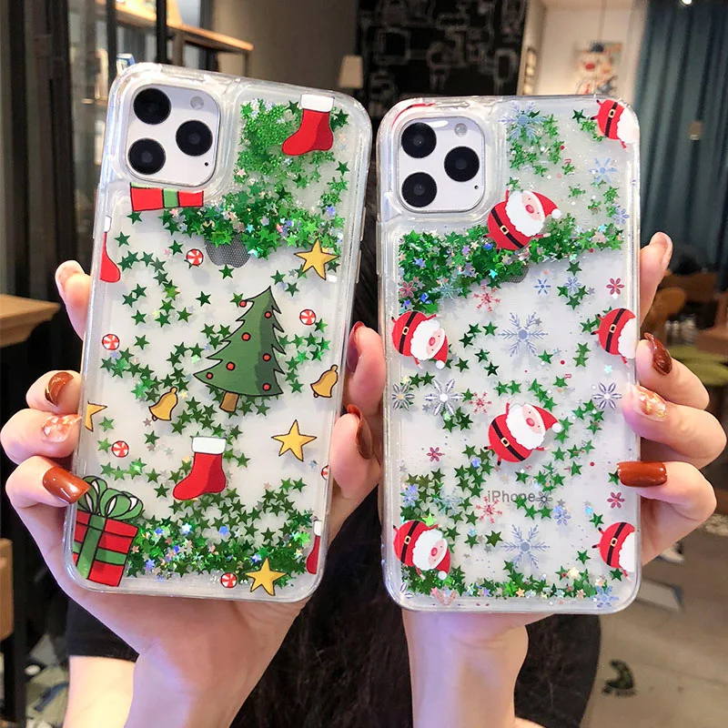 Luxury Christmas Tree Gift Silicon Phone Case For iPhone X XS Liquid quicksand Capa 8 7 6 6S Plus Santa Claus Star Cover | Мобильные