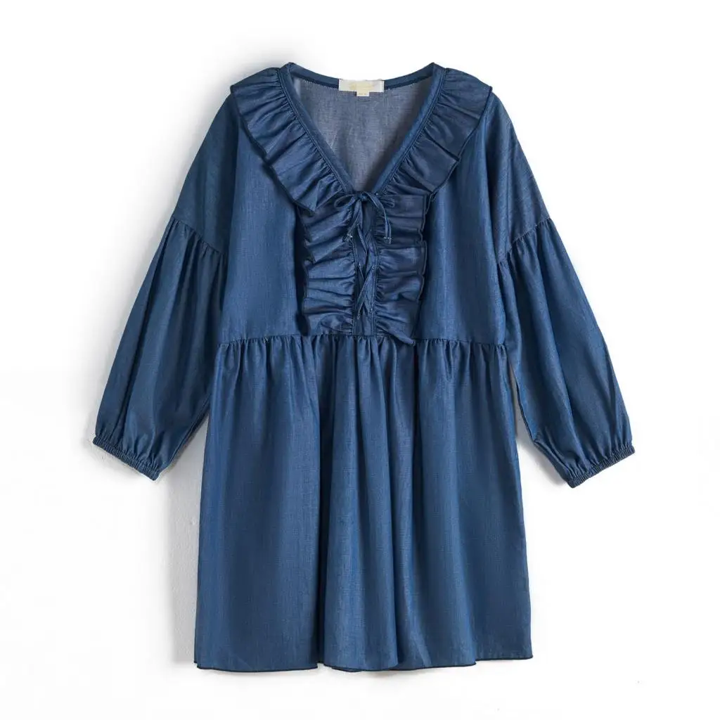 CupofSweet Ruffled Front Cropped Sleeves Denim Dress Shirt Girls Kids Clothing 2019 Fashion Long Casual Kid Girl Dresses | Детская