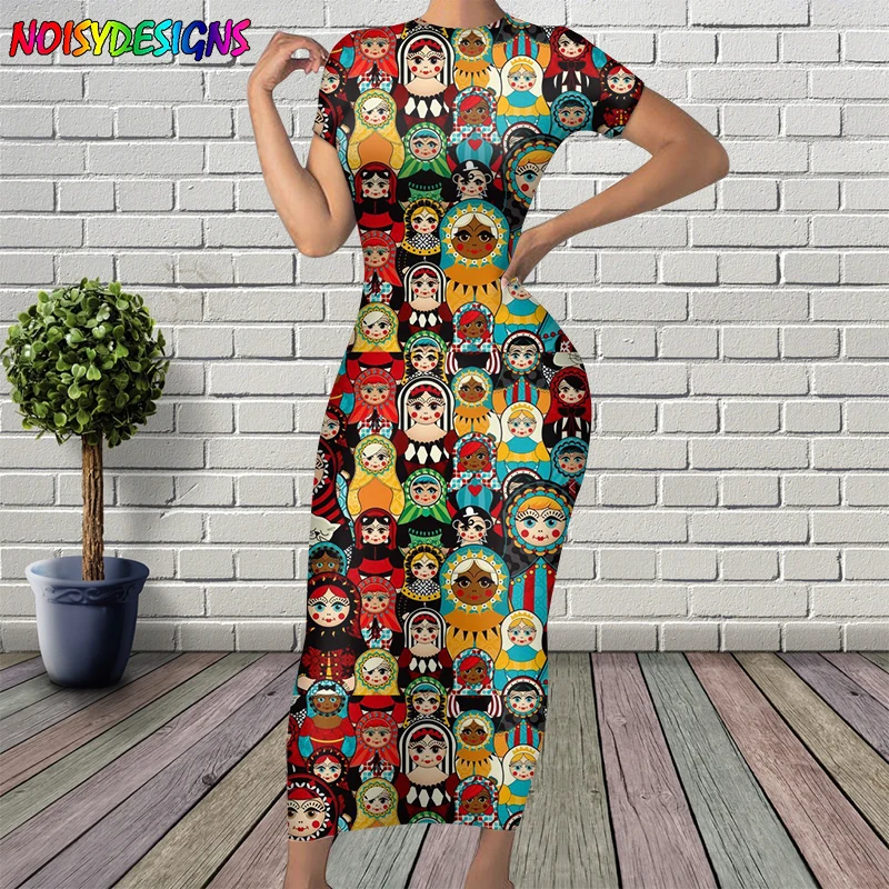 

NOISYDESIGNS Russian Matryoshka Women Summer Dress Luxury Floral Print Casual O-neck Short Sleeve Beach Midi Dresses Vestidos