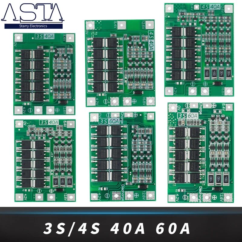 Защитная плата 3S/4S 40A/60A 18650 BMS для зарядки литий ионных батарей двигателя