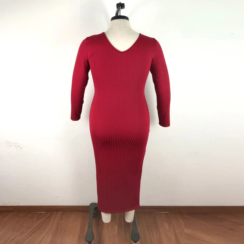 Облегающее длинное платье макси размера плюс XL~ 6XL с v-образным вырезом и длинным рукавом, вязаное осенне-зимнее платье, Элегантное повседневное платье для женщин