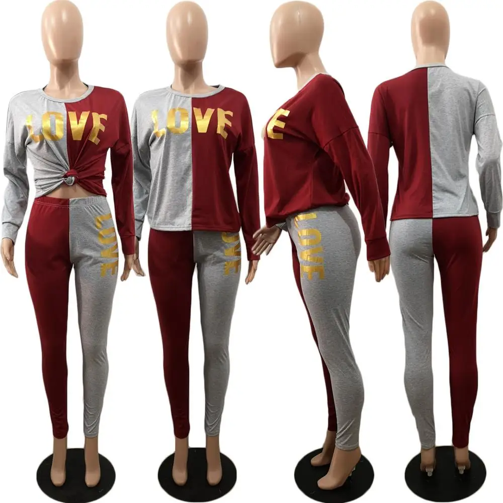 

Women Letter Print Casual Outfits Fashion Hit Color Patchwork Slim Two Piece Suits Balck Plus Size Tracksuits 2019 Clothes