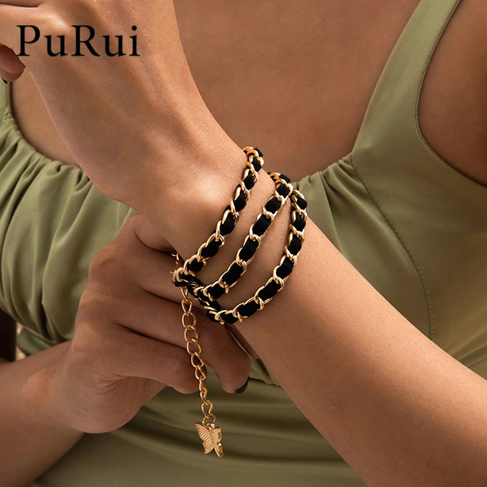 

PuRui 4pcs Punk Curb Cuban Chain Bracelets Set for Women Miami Boho Thick Gold Color Charm Bracelets Bangles Fashion Jewelry