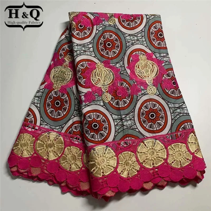 

H&Q embroidery wax nigerian water soluble lace fabric 2021 high quality 6 yards/pcs cotton ankara african wax print fabric H0418