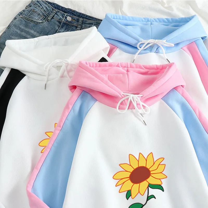 

2021 Winter sunflower Story Harajuku Oversize Fleece Korean loose Lover Sweatshirt Printing Casual Winter loose Stitch Hooded