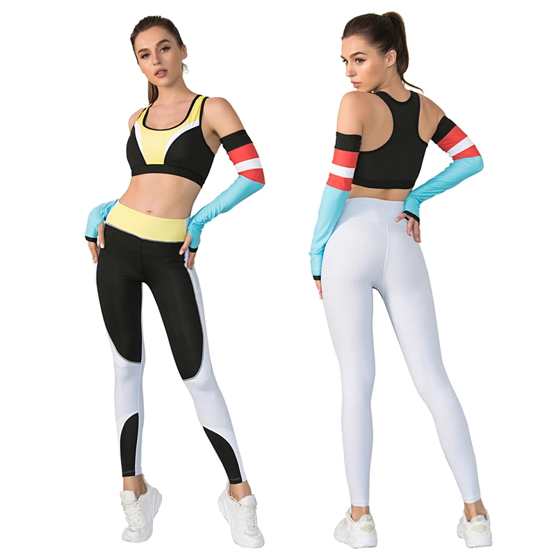 

New Solid Patchwork Tracksuit Women Scoop Neck Top Silk Sleeve Yoga Suit S-XL Girl Seamless Leggings Ankle-Length Pants