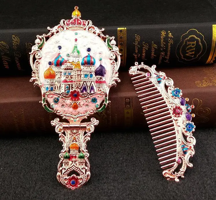 

European Palace Retro Metal Handle Portable Mirror Comb Set Beauty Salon Makeup Mirror Folding Tattoo Mirror Decoration Crafts