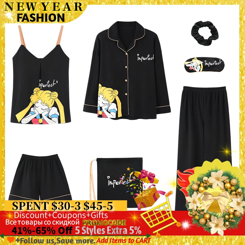 

Пижамный комплект Женский трикотажный из 7 предметов, хлопковая одежда для сна с бюстгальтером и мультяшным принтом, домашняя одежда для от...