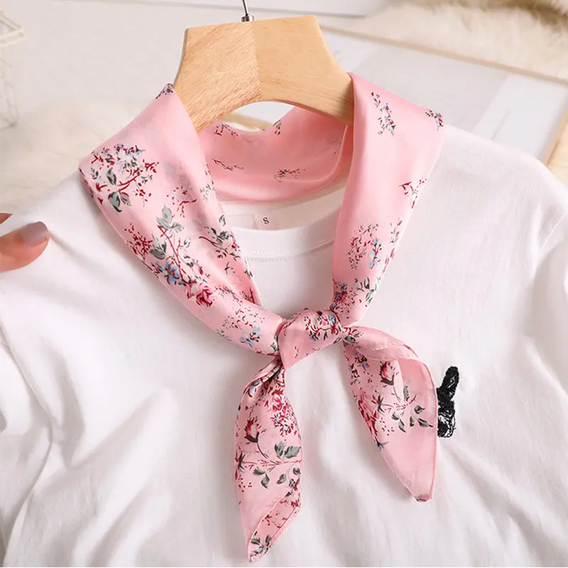 

KOI LEAPING new women fashion popular soft small silk scarf flower pattern summer sunscreen soft Silky small scarf hot sale gift