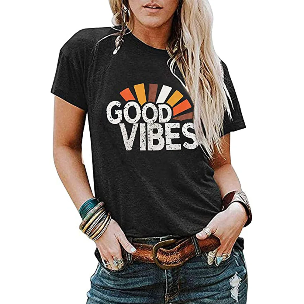 

Женские футболки с рисунком GOOD VIBES, футболки с рисунком радуги, уличная одежда 2020, женская одежда, повседневные футболки с рисунком надписи