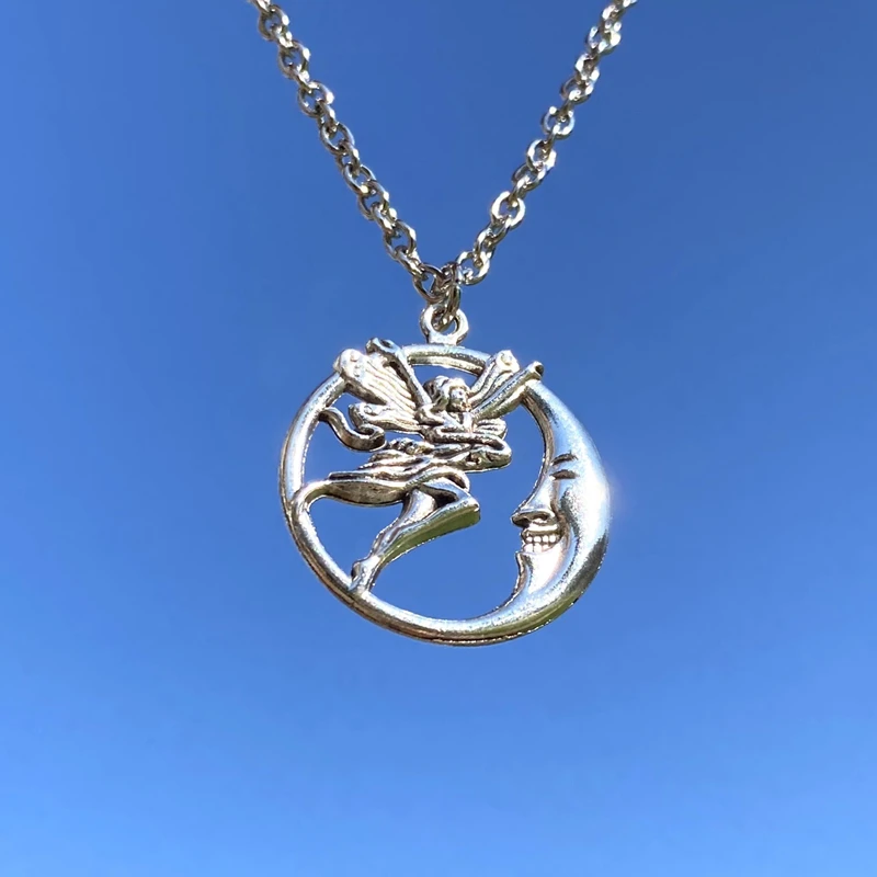 

Fashion Statement the Fairy Moon Pendant Silver Necklace For Women Chain Choker Jewelry Punk Goth Gothic Wicca Accessories