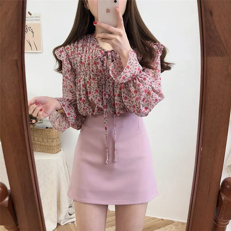 

Cute Floral All-Match Stylish Blouses Sweet Chic Large Size Casual Bow Gentle Flare Sleeves Thin Brief Print